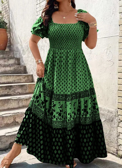 Women's Bohemian Smocked Floral Sundress - Slash Neck, Loose Pleated Knee-Length Dress for Summer, Holiday & Beach, Plus Sizes L-4XL