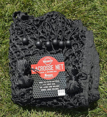 Velocity Heavy Duty Black & White Lacrosse Net - Fits 6’x6’x7’ Goals - Weatherproof, UV Resistant 1000D High-Strength Polyester - Comes with 100+ Feet of Lacing Cord and 4 Quick Ties