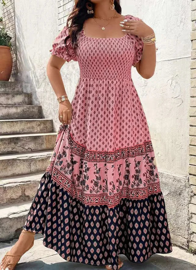 Women's Bohemian Smocked Floral Sundress - Slash Neck, Loose Pleated Knee-Length Dress for Summer, Holiday & Beach, Plus Sizes L-4XL