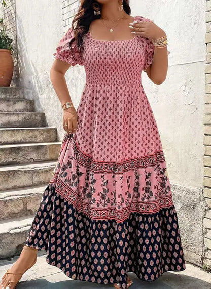Women's Bohemian Smocked Floral Sundress - Slash Neck, Loose Pleated Knee-Length Dress for Summer, Holiday & Beach, Plus Sizes L-4XL
