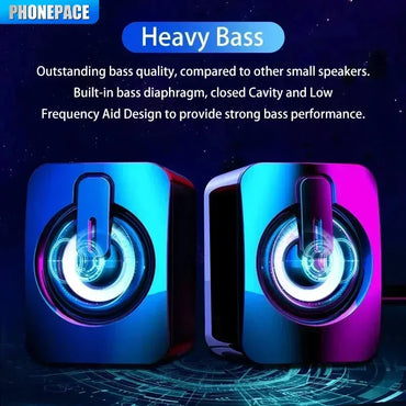 USB & 3.5mm Stereo Computer Speakers with Microphone and LED Lights - Compact HiFi Desktop PC Laptop Speakers