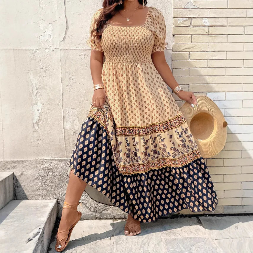 Women's Bohemian Smocked Floral Sundress - Slash Neck, Loose Pleated Knee-Length Dress for Summer, Holiday & Beach, Plus Sizes L-4XL