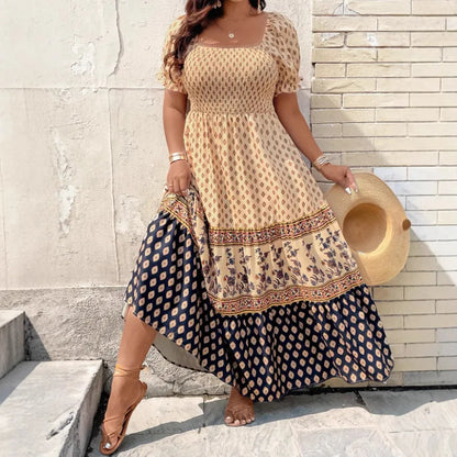Women's Bohemian Smocked Floral Sundress - Slash Neck, Loose Pleated Knee-Length Dress for Summer, Holiday & Beach, Plus Sizes L-4XL