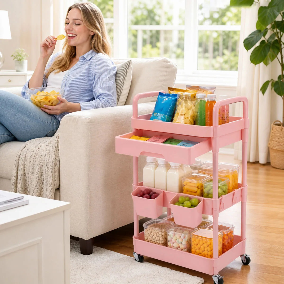 3-Tier Rolling Storage Cart with Drawer and Locking Wheels
