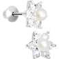 .925 Sterling Silver Clear CZ Pearl Flower Youth Screwback Earrings
