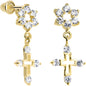 14K Yellow Gold Clear CZ Flower Cross Dangle Youth Earrings