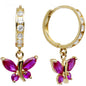 14k Yellow Gold Fuchsia CZ Butterfly Huggy Earrings