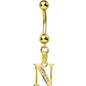16G Solid 14k Yellow Gold CZ Initial N Belly Ring