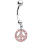 16G 14k White Gold  Pink CZ Peace Sign Belly Ring