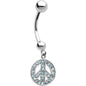 16G 14k White Gold  Aqua CZ Peace Sign Belly Ring