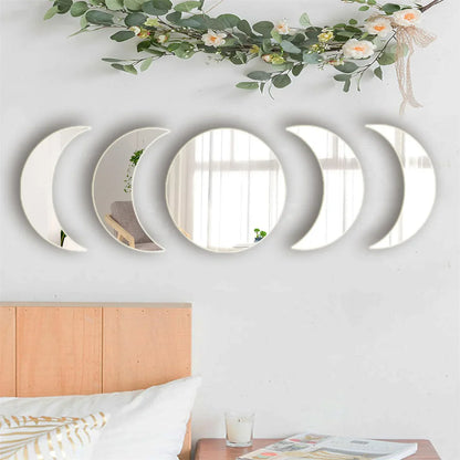 5PCS Moon Phase Design Acrylic Mirror Wall Sticker Self Adhesive Mirror Wall Decal Wall Decor for Home Living Room Bedroom Or