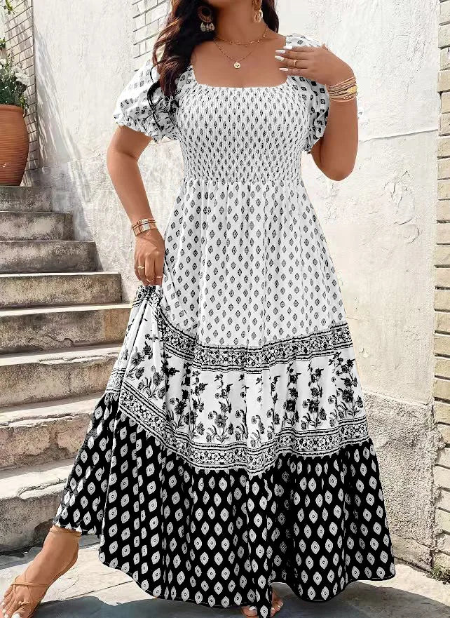 Women's Bohemian Smocked Floral Sundress - Slash Neck, Loose Pleated Knee-Length Dress for Summer, Holiday & Beach, Plus Sizes L-4XL