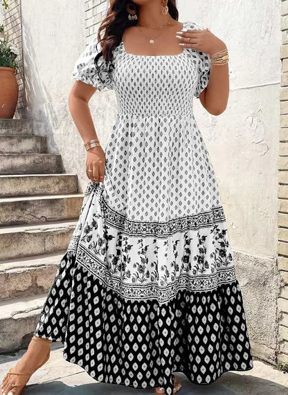 Women's Bohemian Smocked Floral Sundress - Slash Neck, Loose Pleated Knee-Length Dress for Summer, Holiday & Beach, Plus Sizes L-4XL