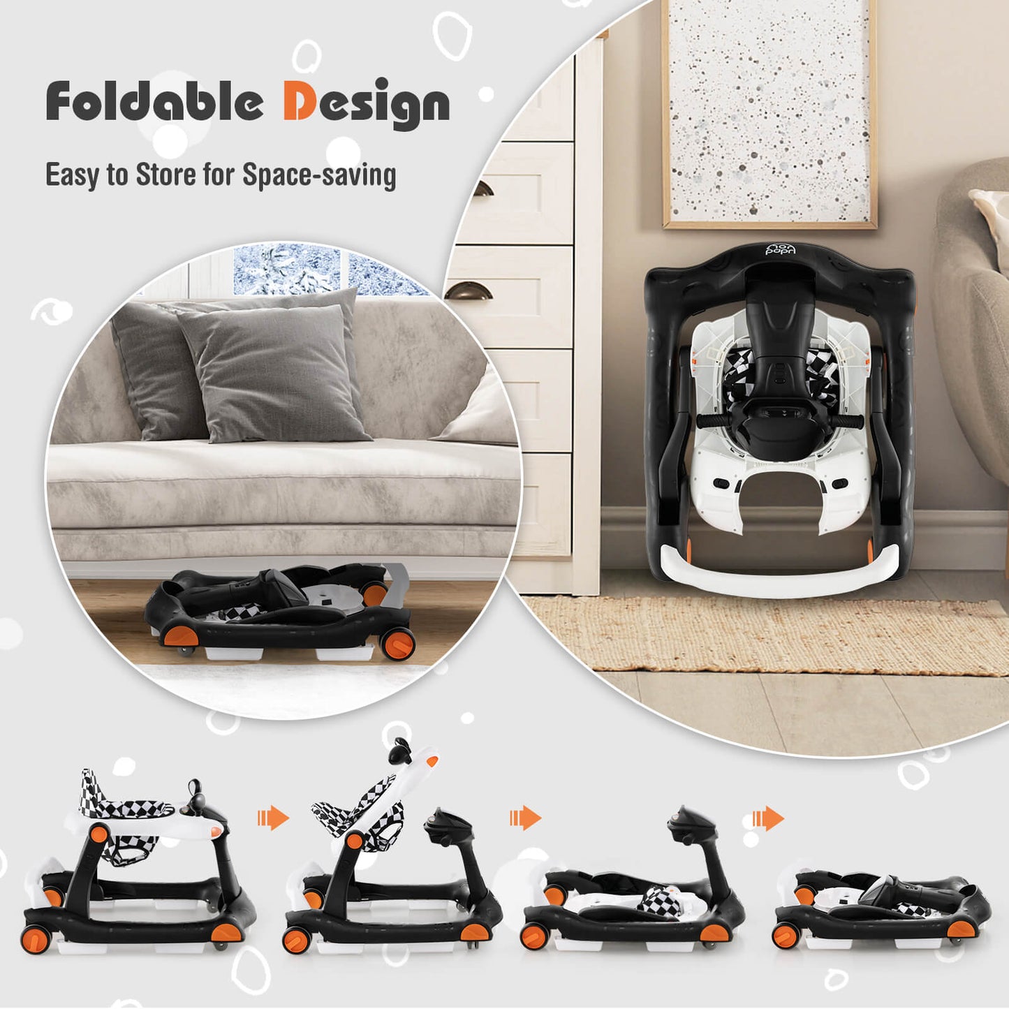 2-in-1 Foldable Activity Push Walker with Adjustable Height-Black