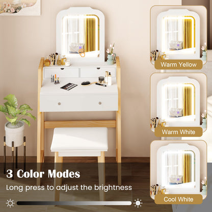 Adjustable Height Vanity Desk Set with 3-Color LED Lighted Mirror and Drawers-White