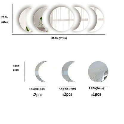 5PCS Moon Phase Design Acrylic Mirror Wall Sticker Self Adhesive Mirror Wall Decal Wall Decor for Home Living Room Bedroom Or
