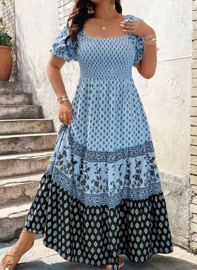 Women's Bohemian Smocked Floral Sundress - Slash Neck, Loose Pleated Knee-Length Dress for Summer, Holiday & Beach, Plus Sizes L-4XL