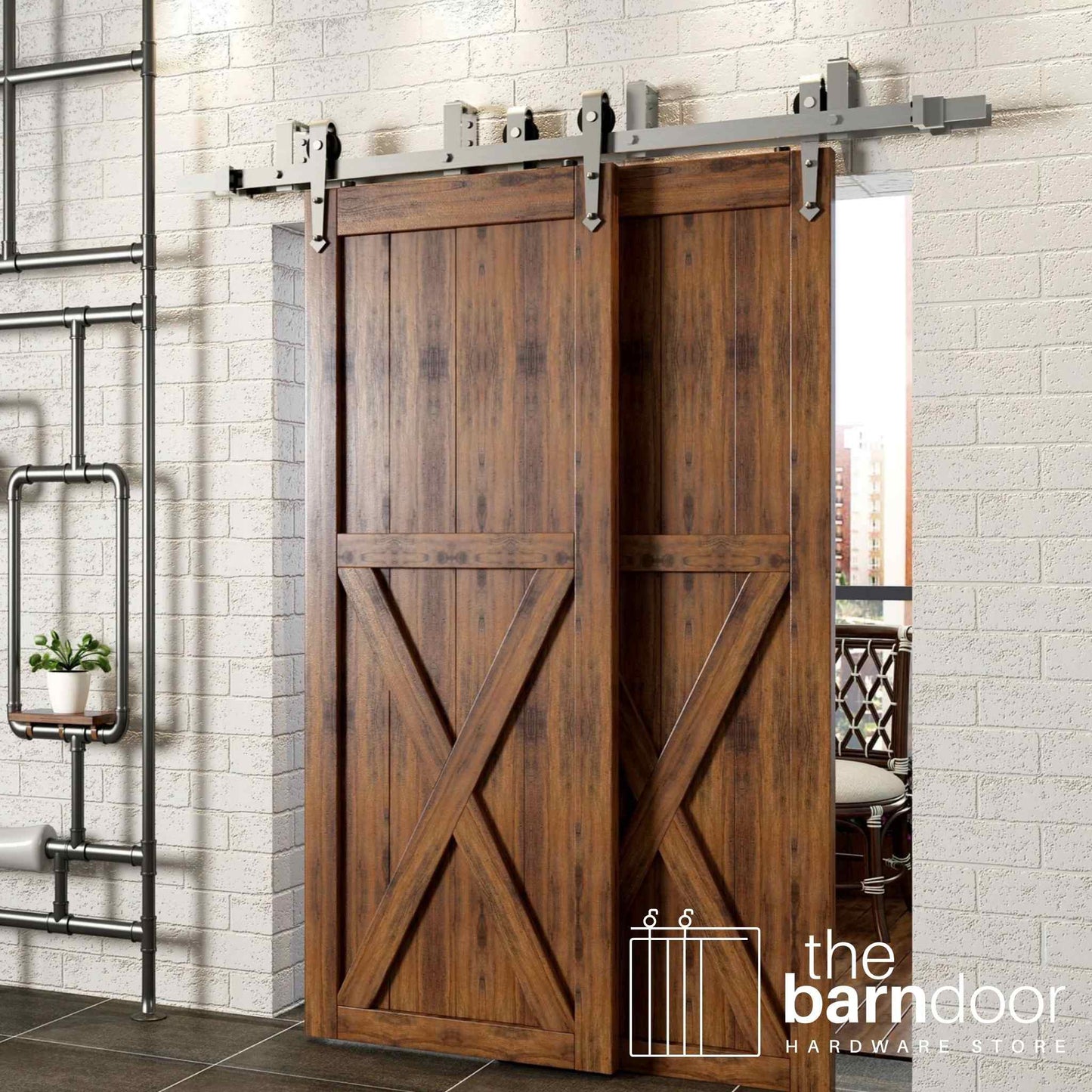 Arrow Brushed Nickel Double Bypass Barn Door Hardware Kit