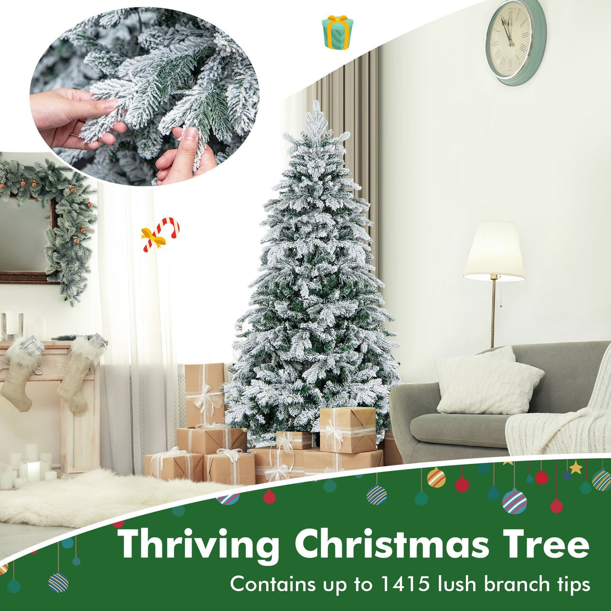 4.5/6/7 Feet Flocked Christmas Tree with Warm White LED Lights