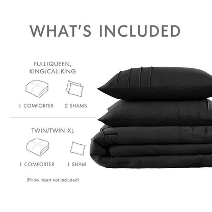 Full/Queen size Pre-Washed Pleated Microfiber Comforter Set in Black