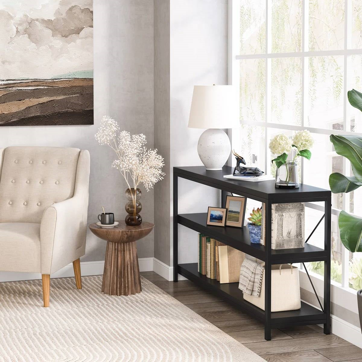 Industrial 55-inch Black Wood Shelf Sofa Table with Heavy Duty Metal Frame