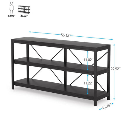 Industrial 55-inch Black Wood Shelf Sofa Table with Heavy Duty Metal Frame