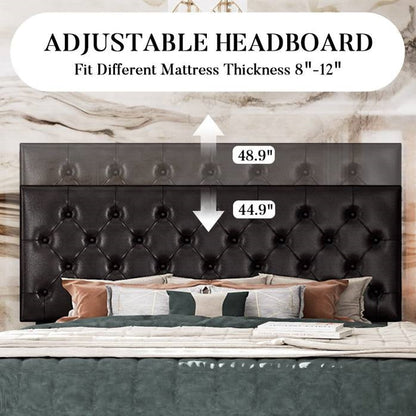 King Black Faux Leather Upholstered Platform Bed with Button-Tufted Headboard