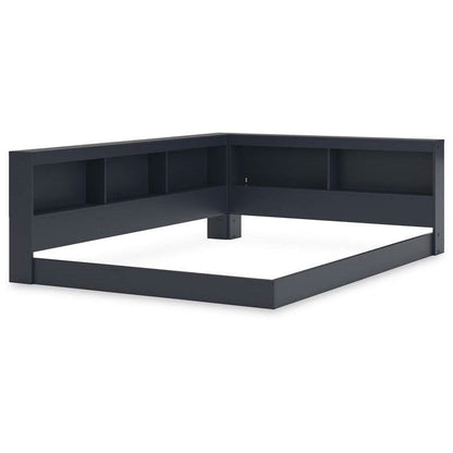 Twin size Blue Wooden Corner Storage Bed with Bookcase Headboard and USB Ports