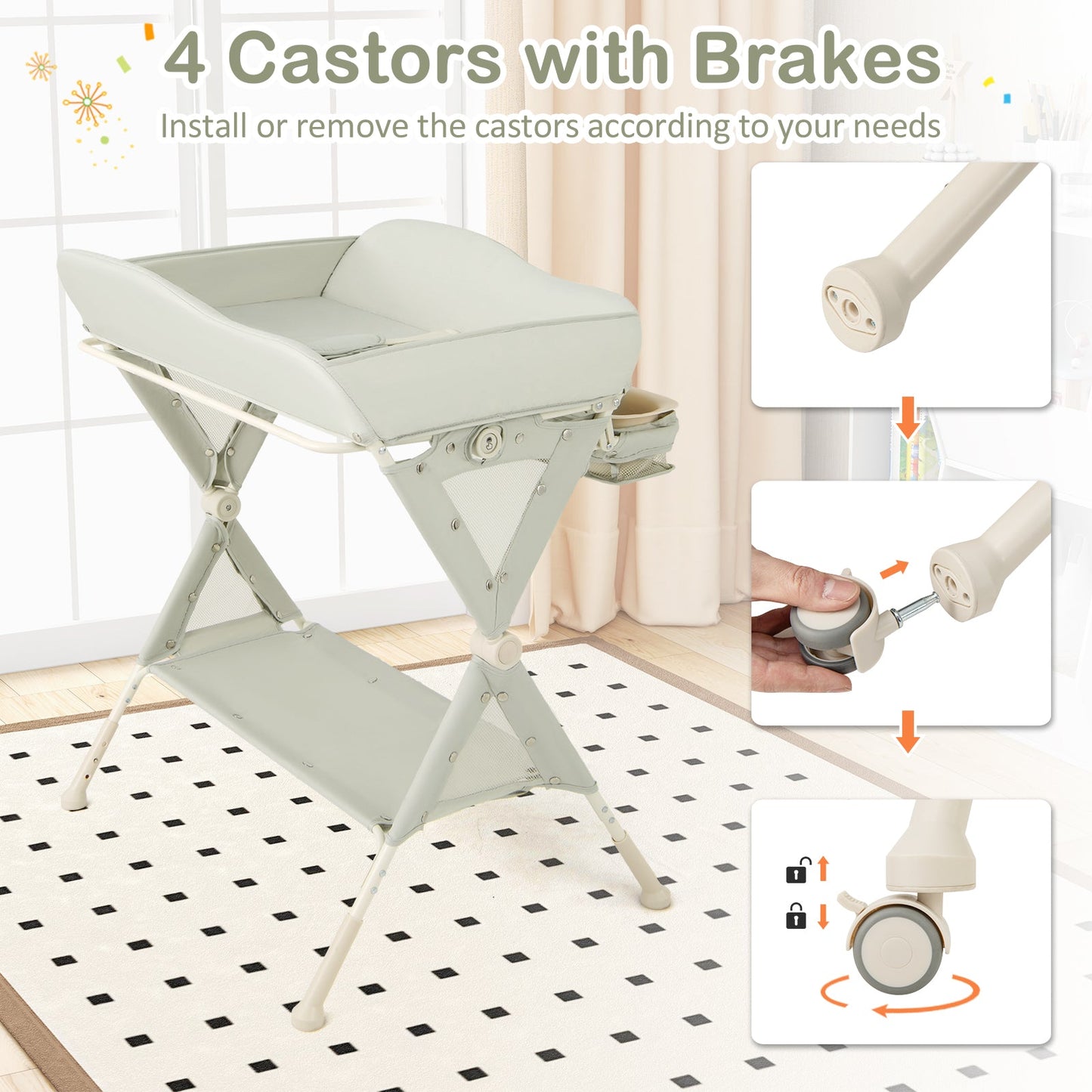 Baby Diaper Changing Table with Water Basin Wheel-Green