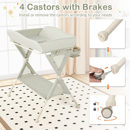 Baby Diaper Changing Table with Water Basin Wheel-Green