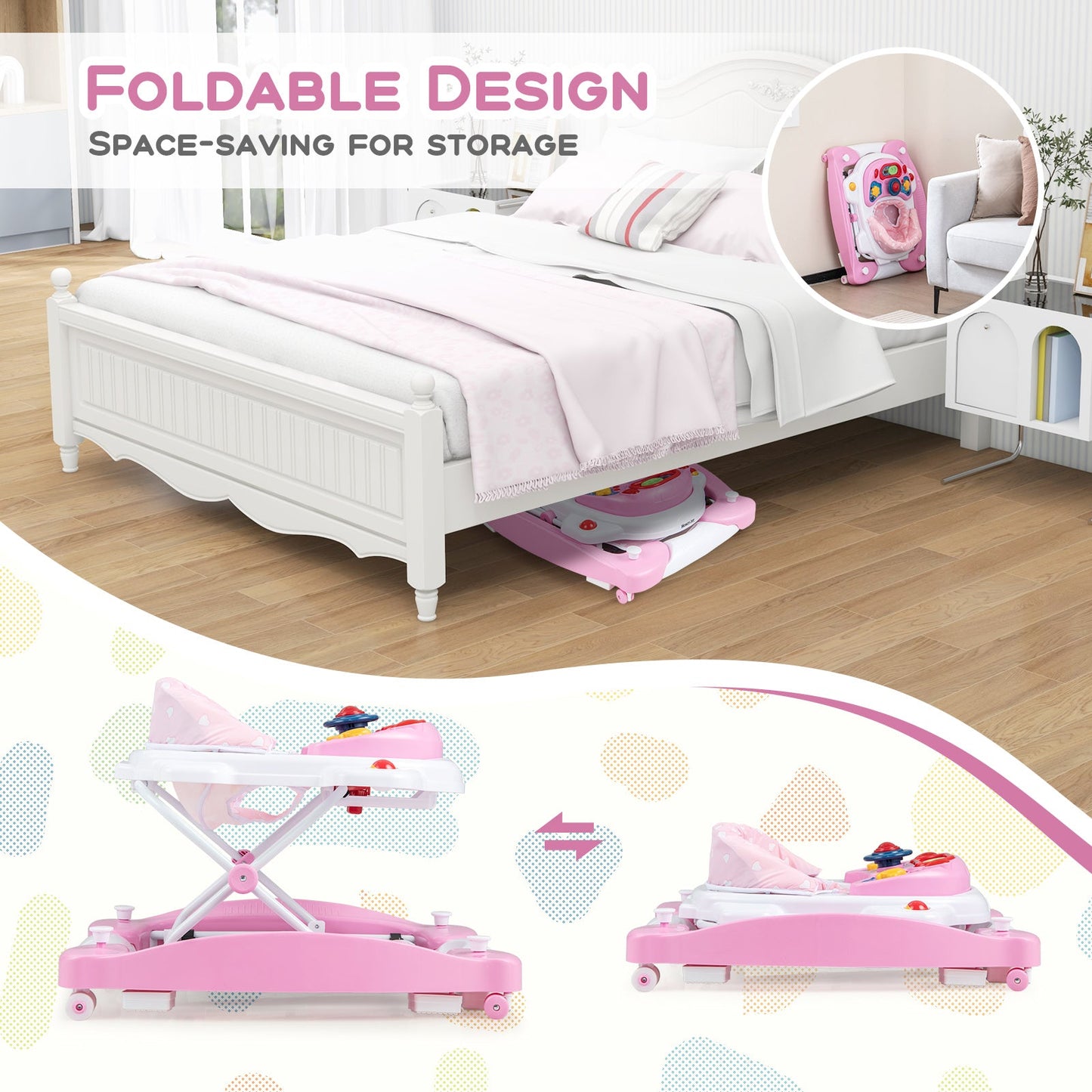 6 in 1 Foldable Baby Walker with Adjustable Height-Pink