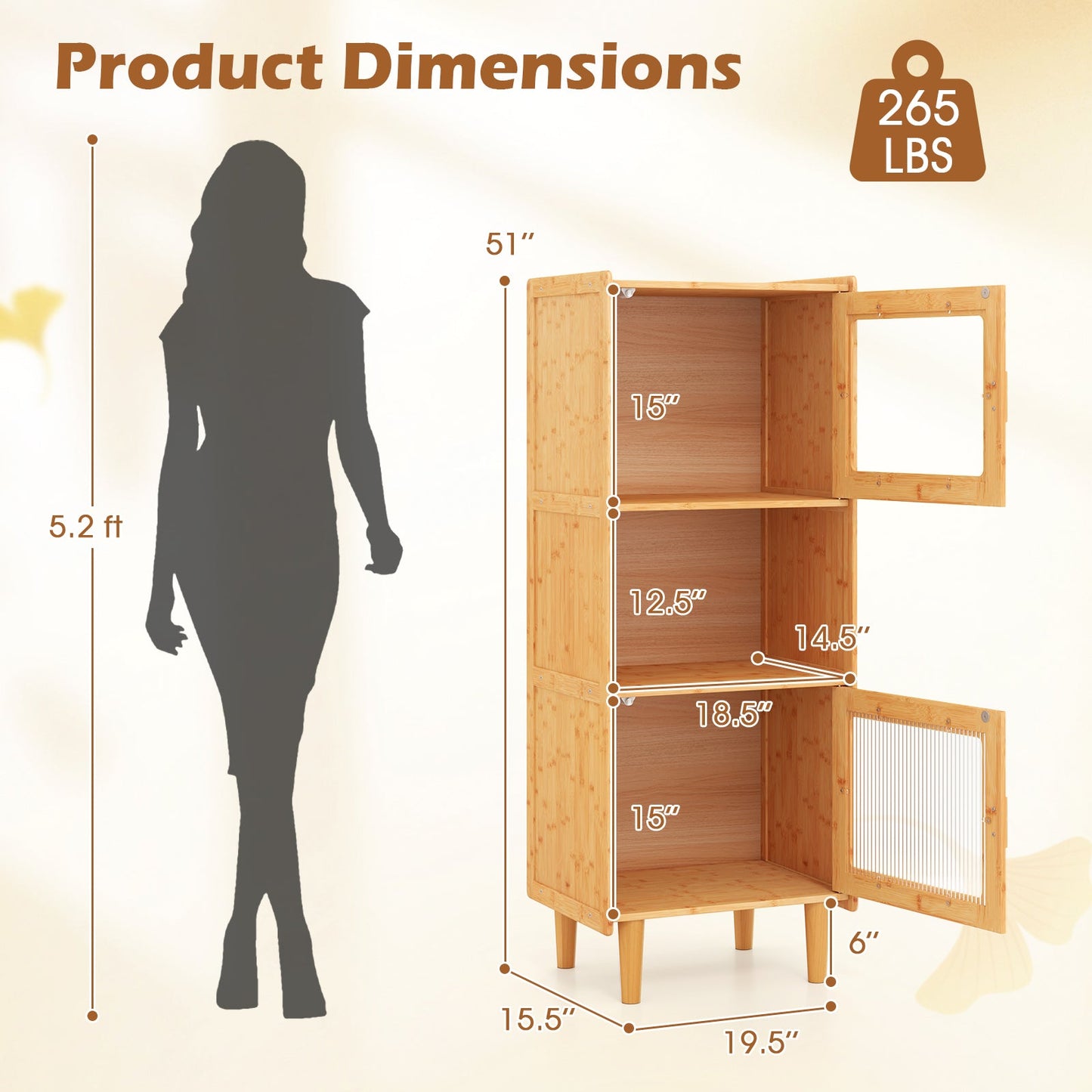 3-Cube Bamboo Storage Cabinet with Open Compartment and 2 Acrylic Doors-Natural