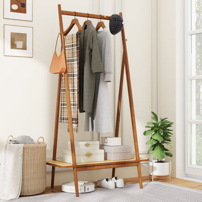 Bamboo Clothes Rack with Hanging Rod Rattan Shelf and Copper Hooks