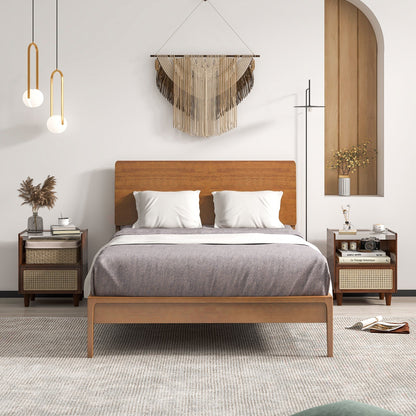 Bamboo Rattan Nightstand with Drawer and Solid Wood Legs