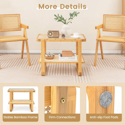 2-tier Bamboo Side Table with Glass Top-Natural