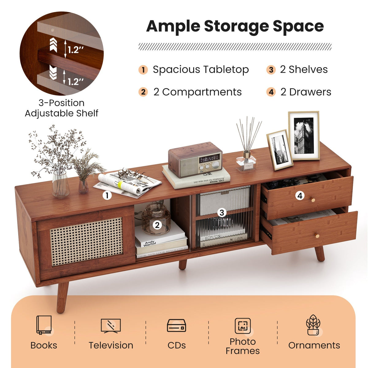 Bamboo TV Stand for TV up to 65 Inch