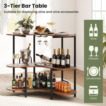 3-Tier Liquor Bar Table with Stemware Racks and Storage Shelves