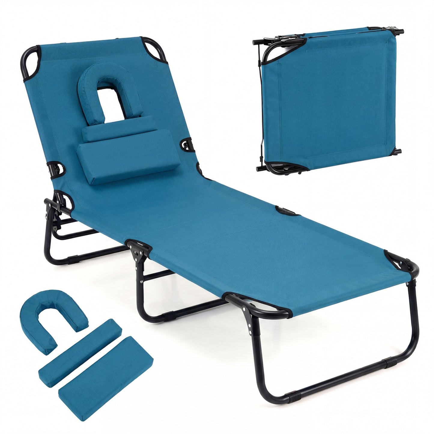 Beach Chaise Lounge Chair with Face Hole and Removable Pillow