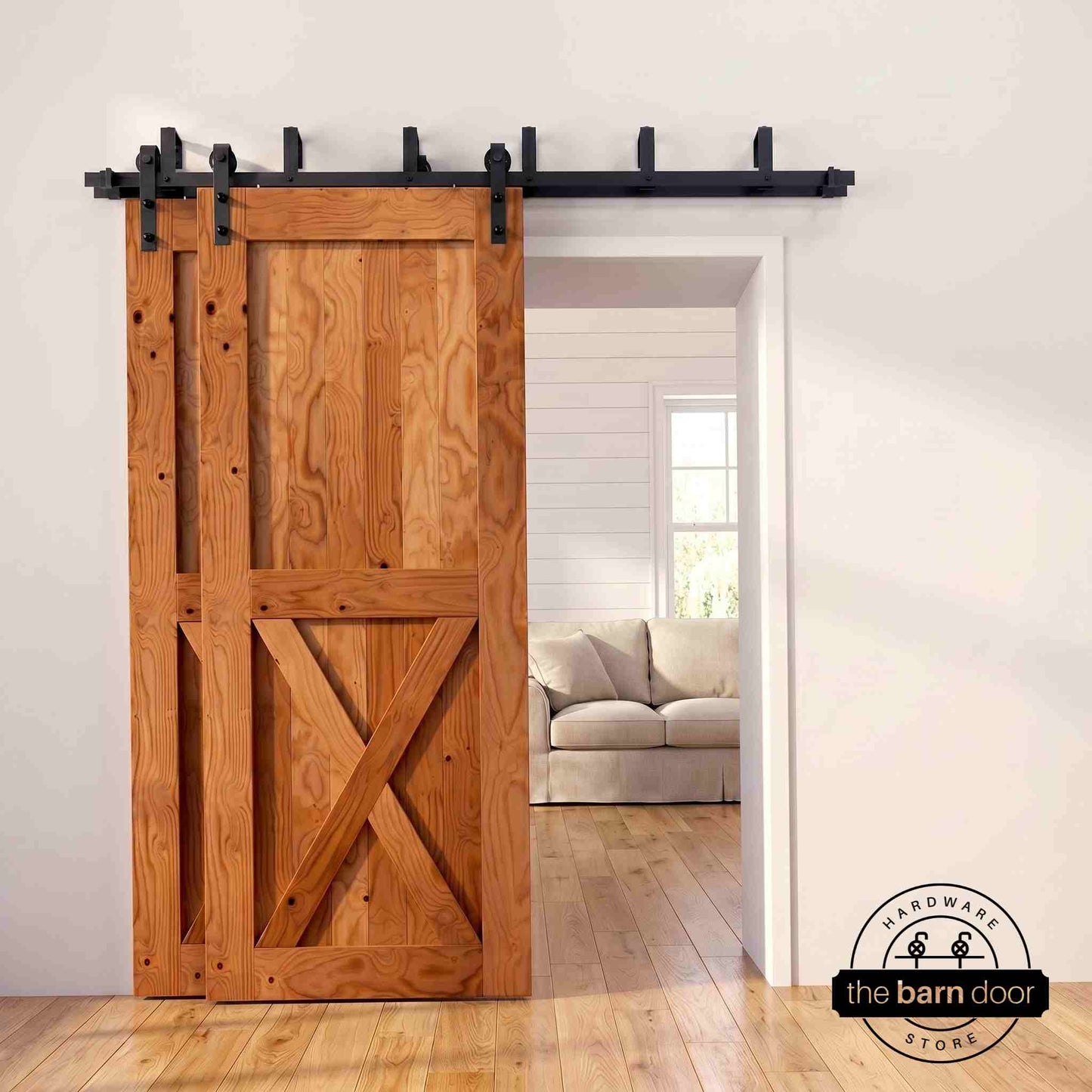 J-Strap Black Double Bypass Barn Door Hardware Kit