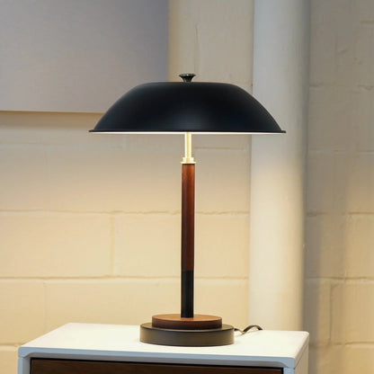 Umbrella Table Lamp – Black Metal Shade, Walnut Rubber Wood Base & E26 Socket | Modern Bedside & Desk Lamp