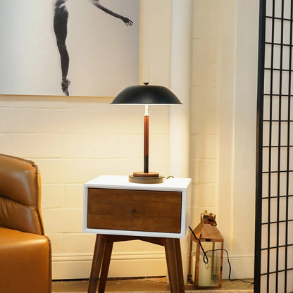 Umbrella Table Lamp – Black Metal Shade, Walnut Rubber Wood Base & E26 Socket | Modern Bedside & Desk Lamp