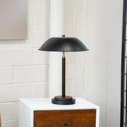 Umbrella Table Lamp – Black Metal Shade, Walnut Rubber Wood Base & E26 Socket | Modern Bedside & Desk Lamp