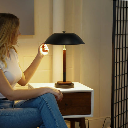 Umbrella Table Lamp – Black Metal Shade, Walnut Rubber Wood Base & E26 Socket | Modern Bedside & Desk Lamp