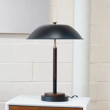 Umbrella Table Lamp – Black Metal Shade, Walnut Rubber Wood Base & E26 Socket | Modern Bedside & Desk Lamp