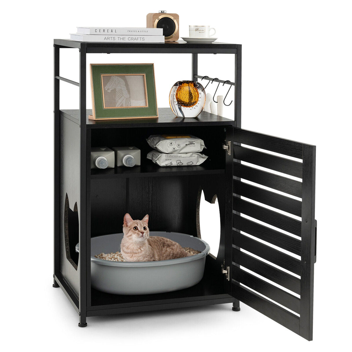 Cat Litter Box Enclosure with Louvered Door and 3-Tier Shelf