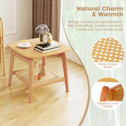 Boho Bamboo Sofa Side Table with Faux Rattan Storage Shelf-Natural