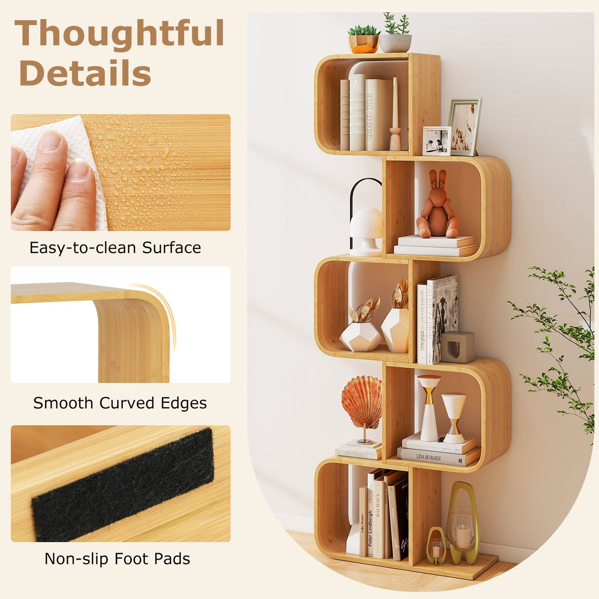 5-Tier S-Shaped Bookcase with 5 Open Cubes for Living Room-Natural