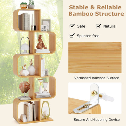 5-Tier S-Shaped Bookcase with 5 Open Cubes for Living Room-Natural