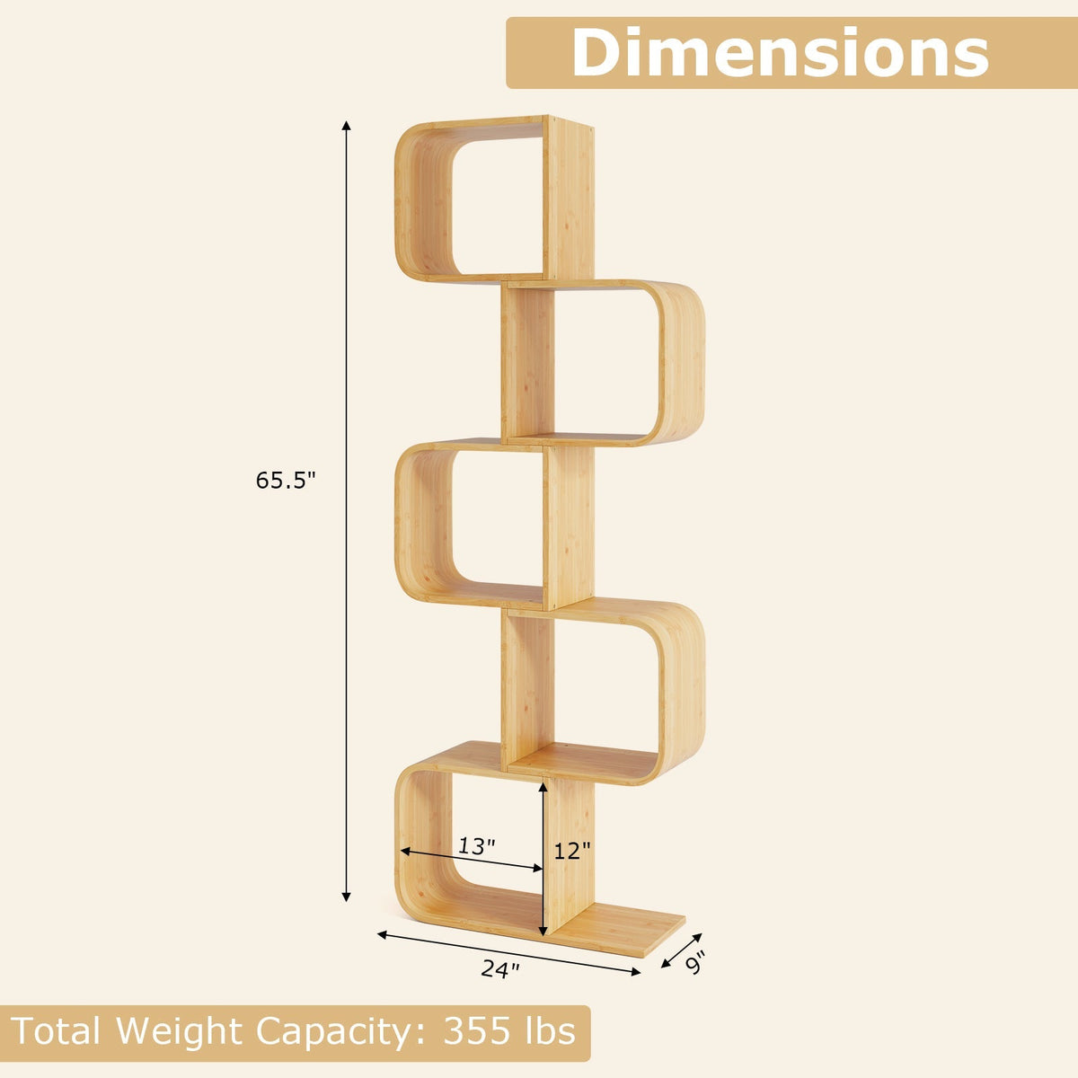 5-Tier S-Shaped Bookcase with 5 Open Cubes for Living Room-Natural