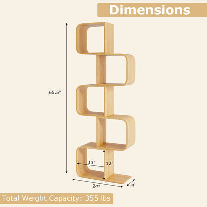 5-Tier S-Shaped Bookcase with 5 Open Cubes for Living Room-Natural